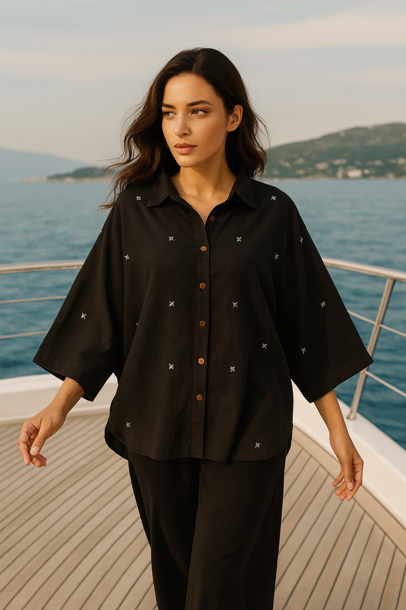 Handwoven Black Dolman Sleeve Shirt - Bia | MOBORR