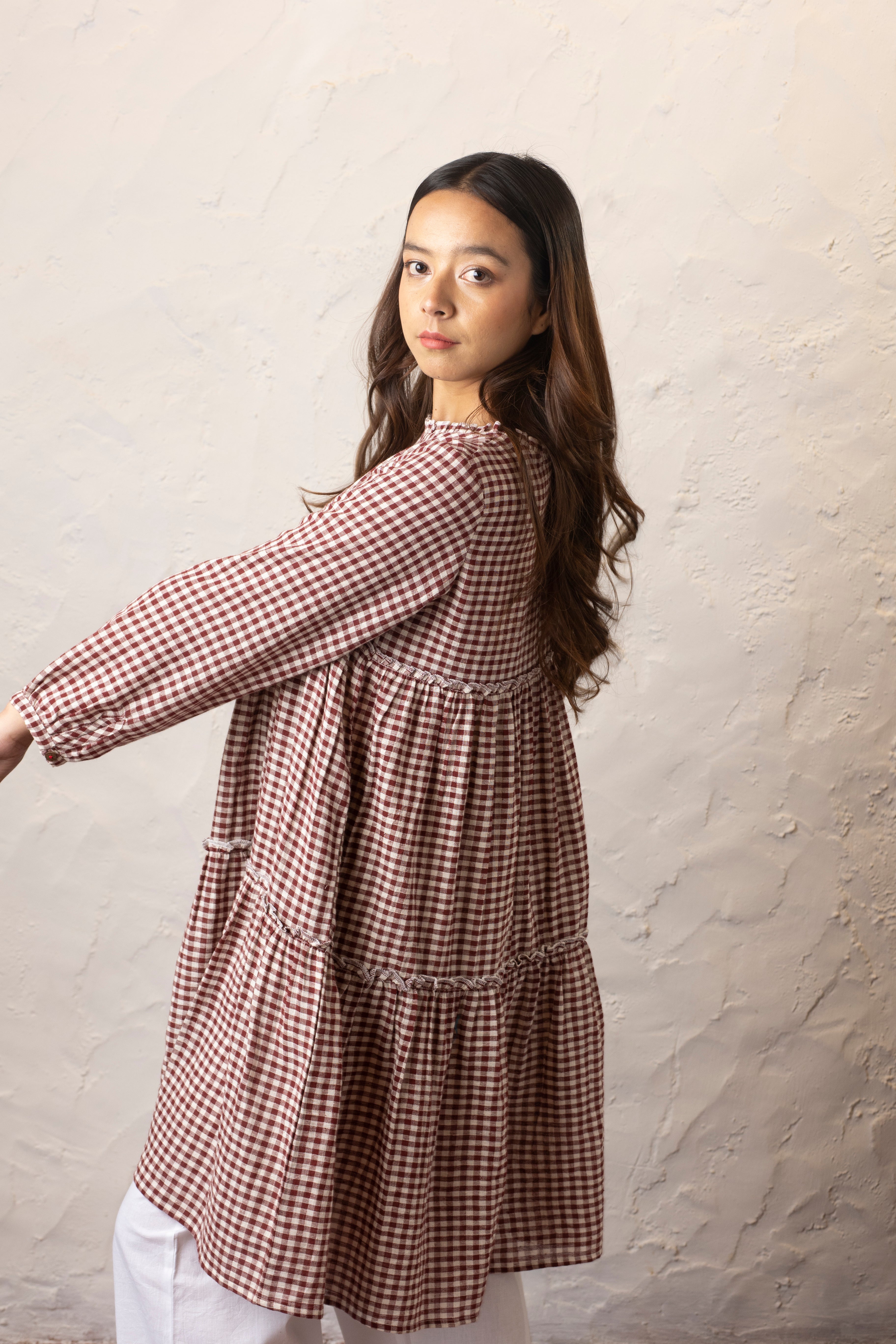 Dinder Tunic Dress - Dark Maroon and Kora Checks
