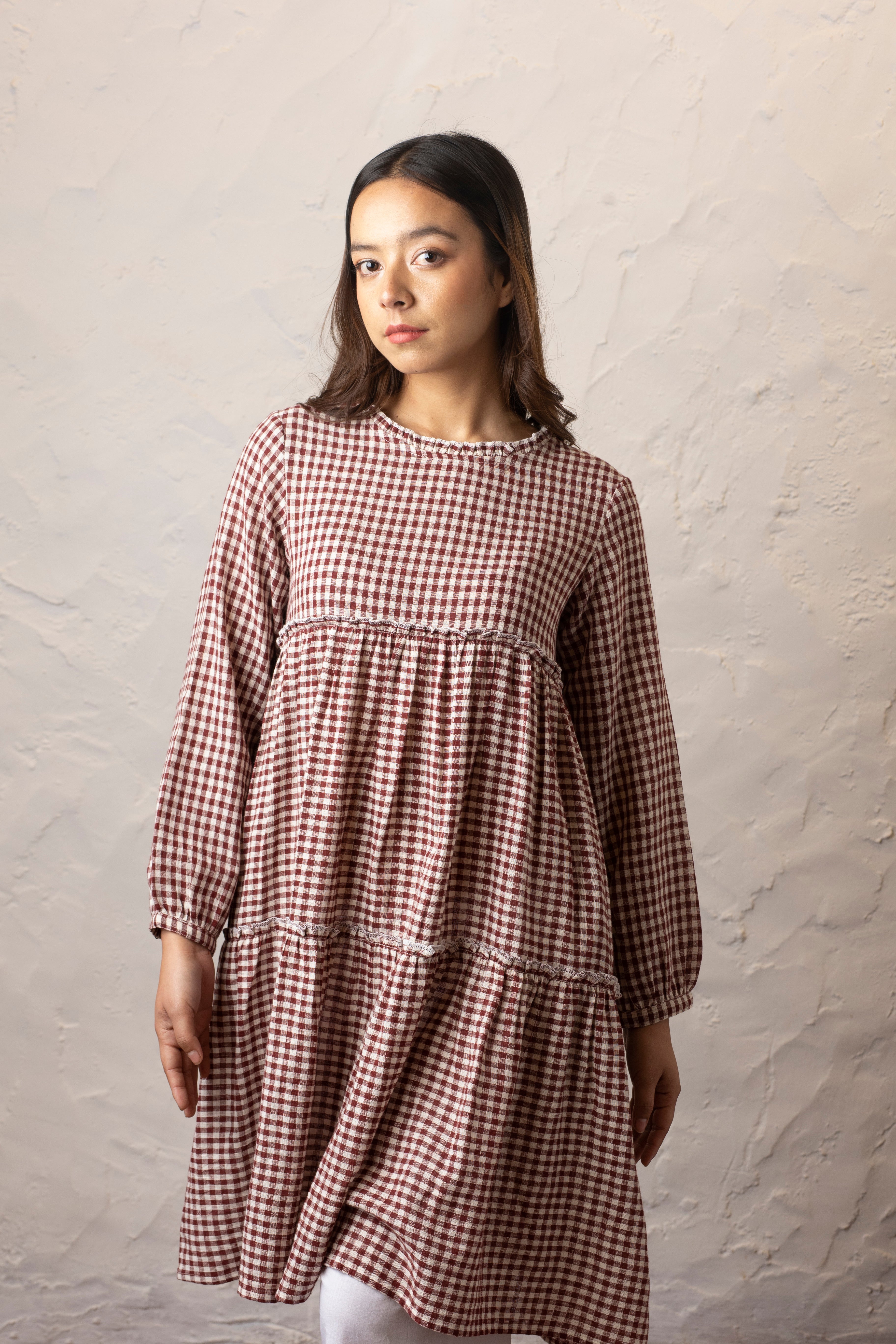 Dinder Tunic Dress - Dark Maroon and Kora Checks