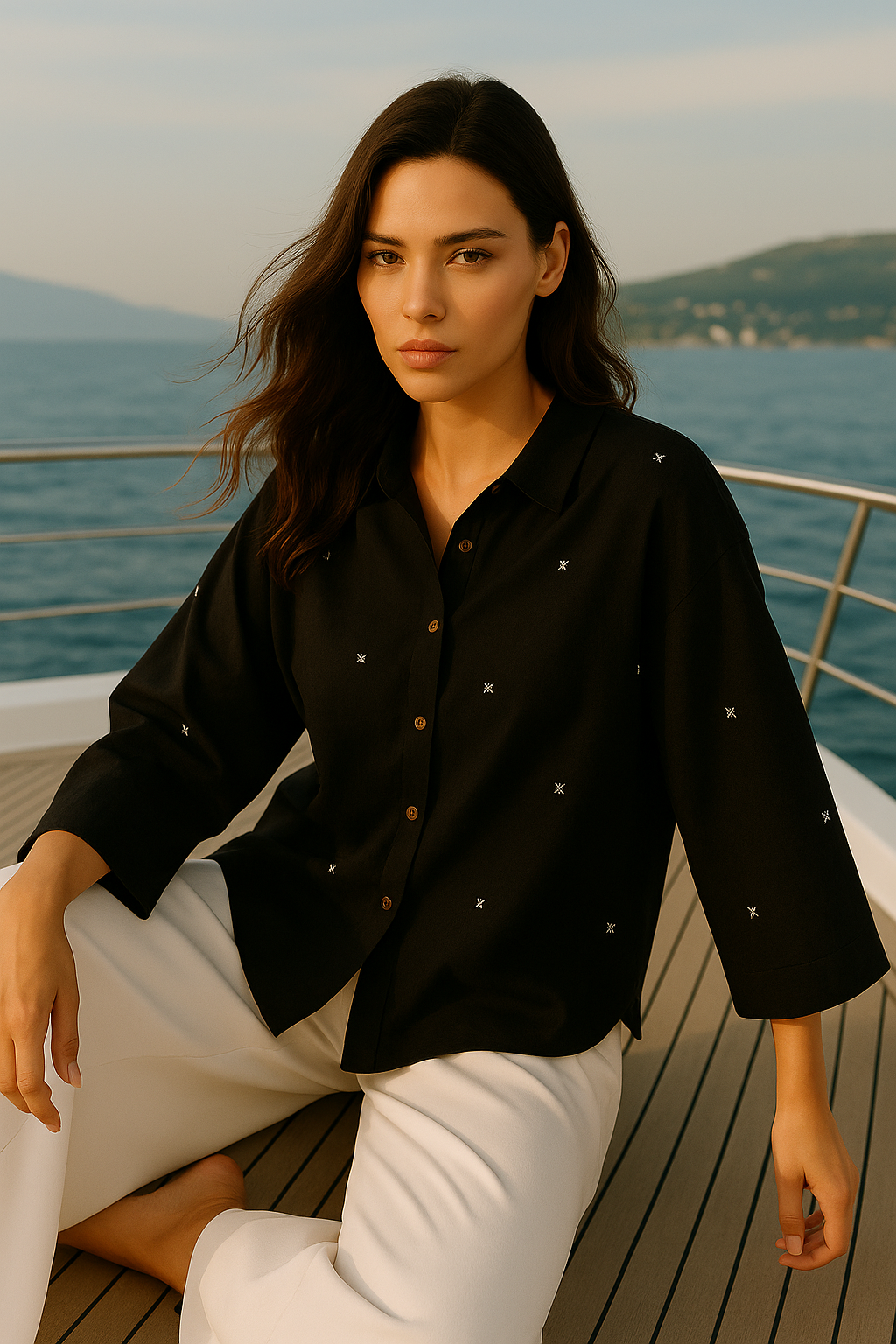 Bia black designer shirt - dolman sleeves with plain cuff, Bhujodi buti, coastal deck.