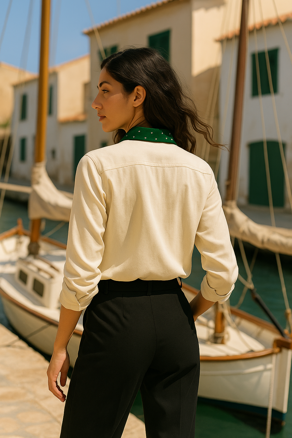 Woman standing in front of boats with a scenic background