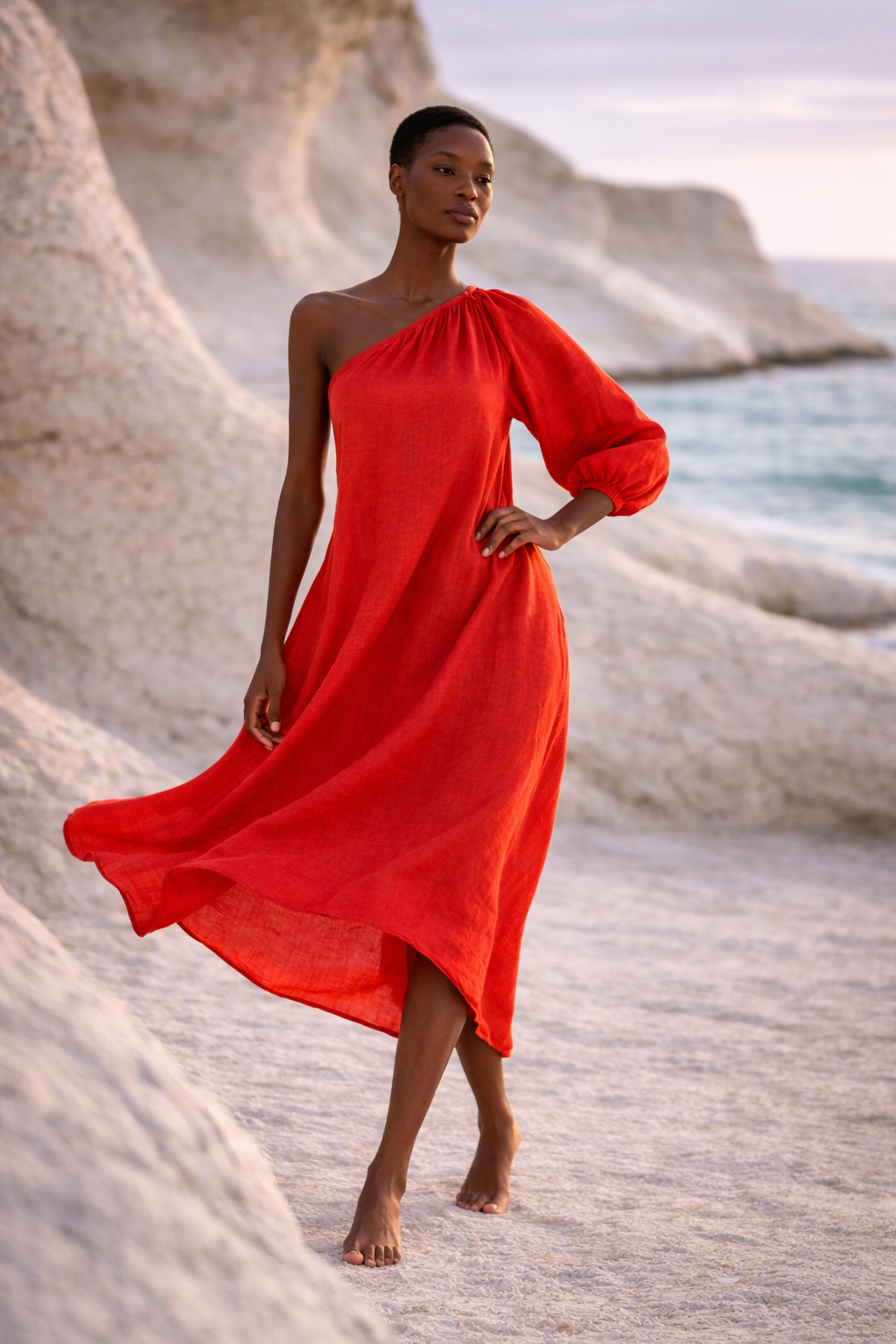 Kwi Red One-Shoulder Handwoven Statement Dress with Pockets