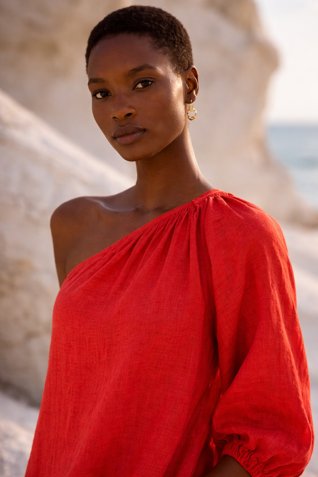 Kwi Red One-Shoulder Handwoven Statement Dress with Pockets