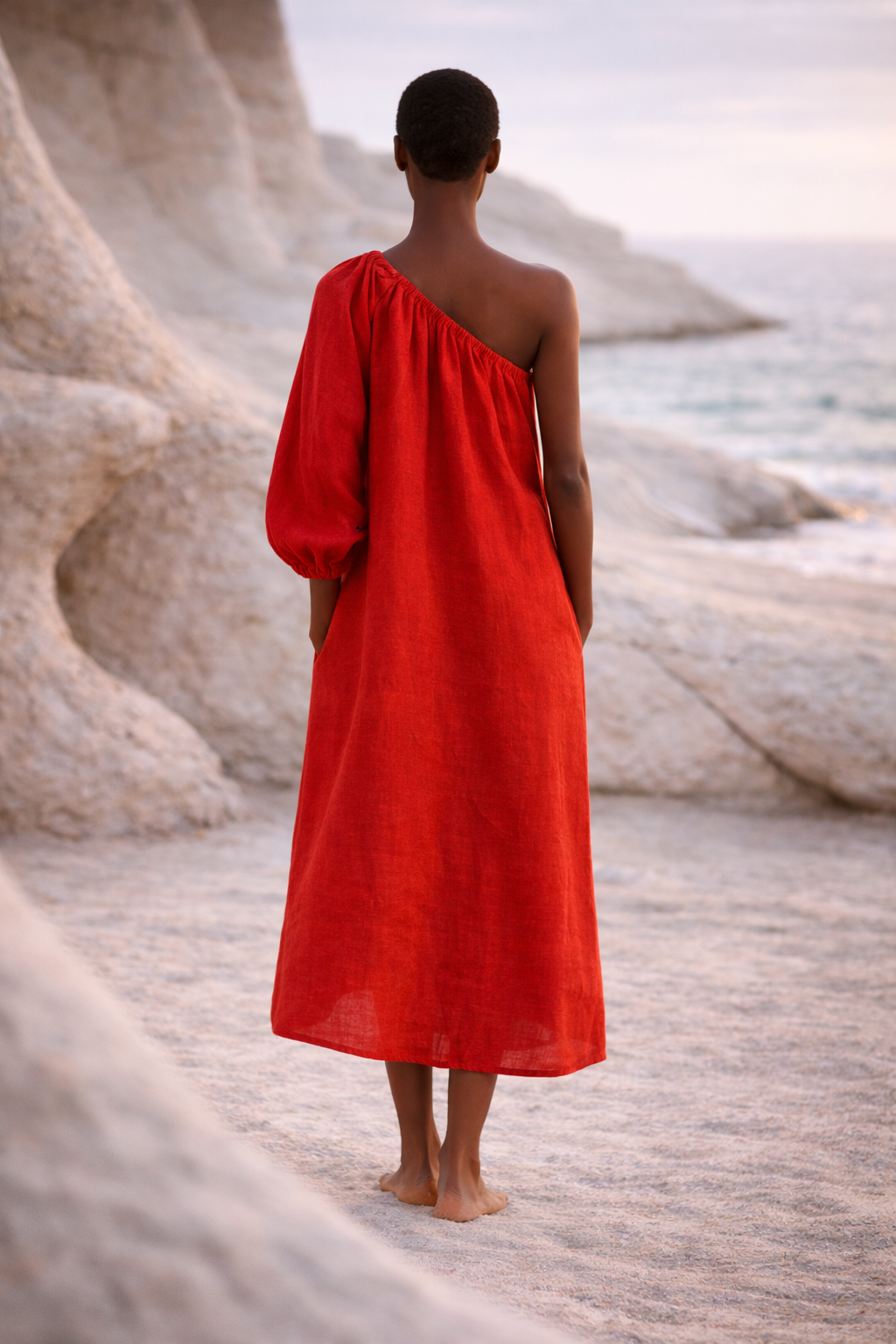 Kwi Red One-Shoulder Handwoven Statement Dress with Pockets