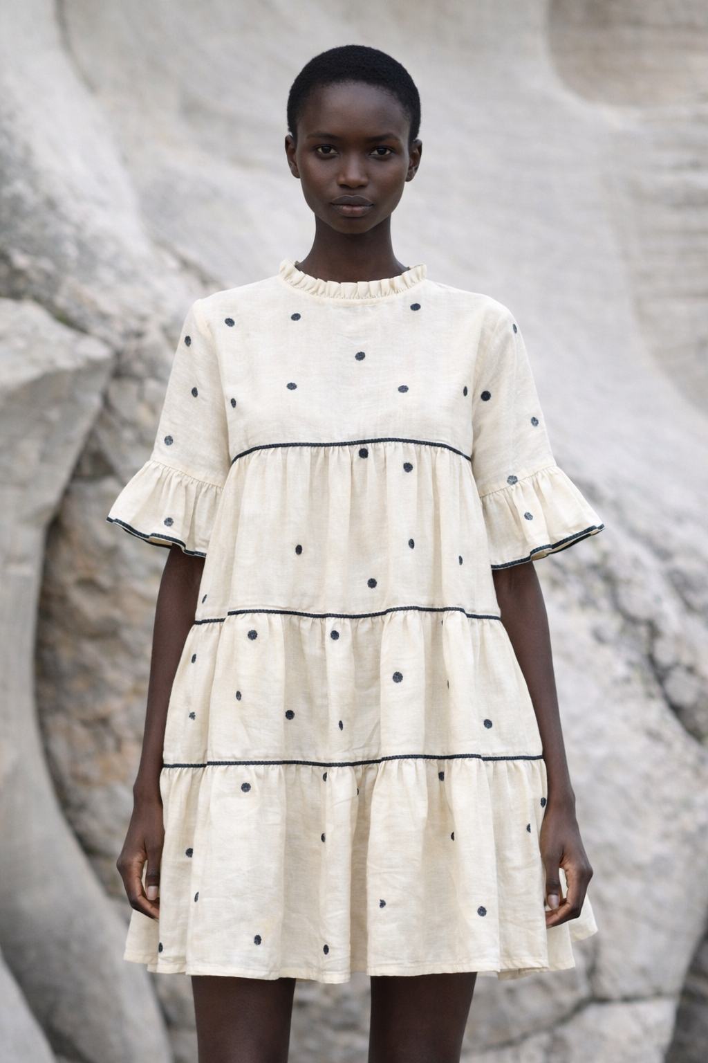 Pia polka dot handwoven Jamdani muslin dress with tiered silhouette and pockets by Moborr