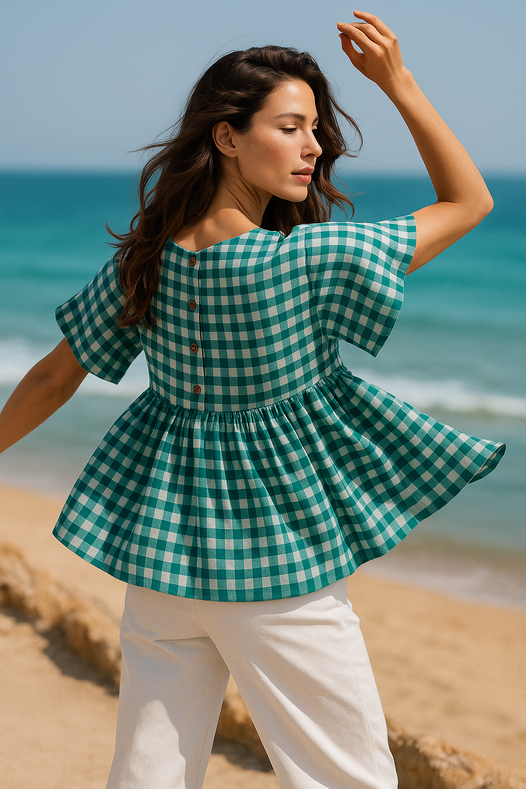 Green checkered top in handwoven Cotton 