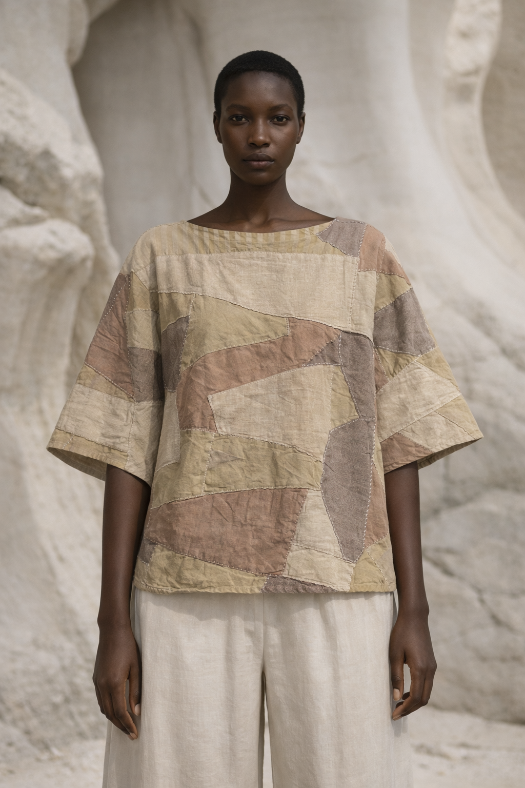 Moborr Model wearing a patchwork top and white pants against a textured white background