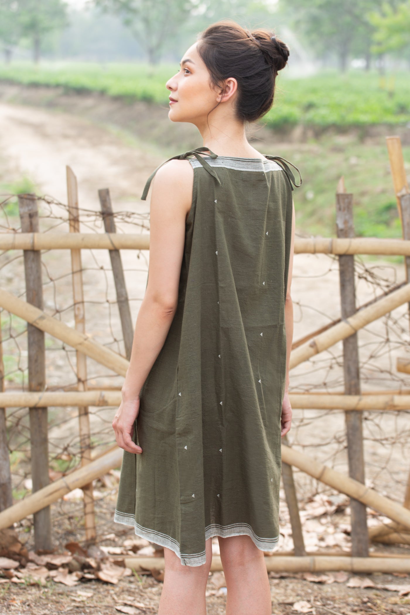 Handwoven Olive Green Tie-up Dress - Lisa | MOBORR Handwoven Olive Green Tie-up Dress - Lisa | MOBORR