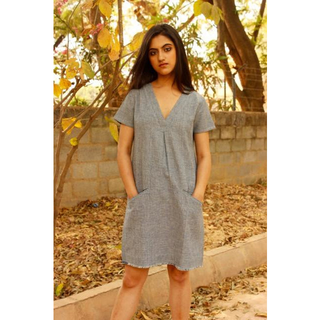 Rhine - S / Indigo (Weaved) Organic Cotton (Handwoven) - Shift Dress